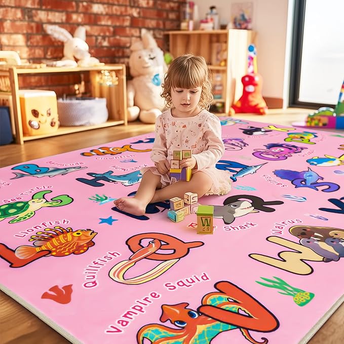 Kids Rug for Playroom, 4x5 Feet Educational Rug for Learn The ABC Alphabet, Soft Machine Washable Non-Slip Cute Marine Organisms Carpet for Classroom Toddler Nursery Kids Room Decor Mat, Pink