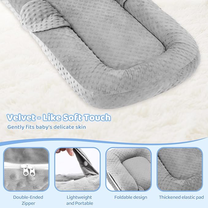 Baby Lounger Pillow- Portable Baby Lounger for Newborn, 0-24 Months,3-in-1 Baby Nest for Home and Travel, Foldable & Soft, CPC Certification Newborn Babies Essentials Gifts, Grey