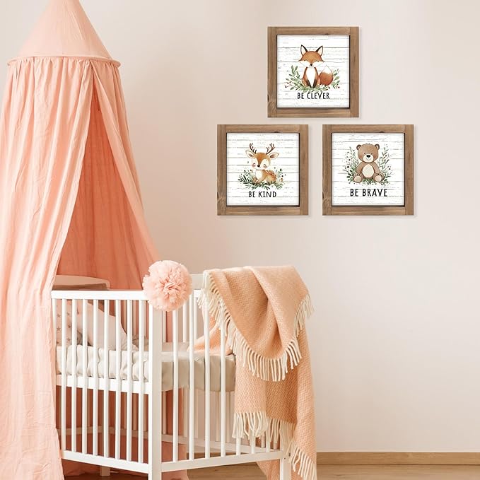 3 Piece Woodland Nursery Wall Decor, Wooden Forest Animal Bear Fox Deer Sign Nursery Art, Nature Jungle Safari Theme Baby Shower Decorations for Home Table Top Shelf Desk Classroom Bathroom