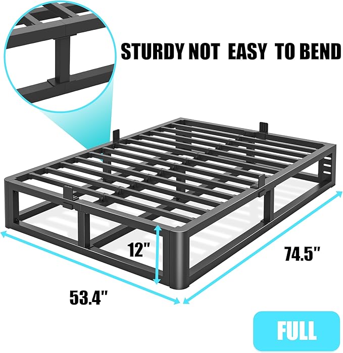 Metal Heavy Duty 12 inch Full Bed Frame with Rounded Corner and Headboard Hole Mattress Retainers 3500 LBS No Box Spring Needed Platform Noise Free Easy Assembly