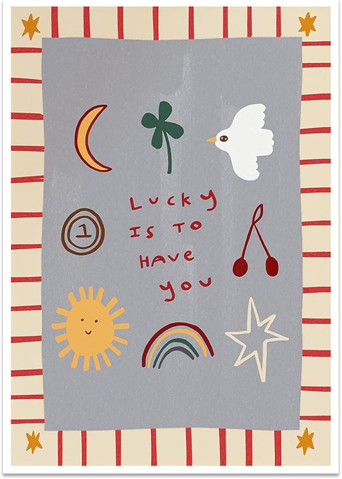 Colorful Cute Cartoon Posters Lucky Is To Have You Inspirational Wall Art Boho Nursery Positive Affirmations Canvas Minimalist Prints Decor Pictures for Kids Bedroom Playroom 20x30inch Unframed