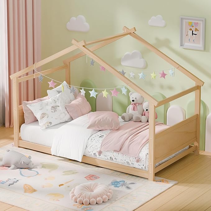 Twin House Bed, Montessori Floor Bed with Headboard & Footboard, Solid Wood Bed Frame for Toddlers Teens Bedroom, No Box Spring Needed, Natural