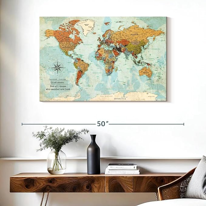 ElephantStock - Personalized Wanderer Push Pin World Map Wall Art - Horizontal Canvas Wall Art - Living Room Wall Decor - Digital Art Map Canvas Art - Orange And Blue Decor - 39" x 26"