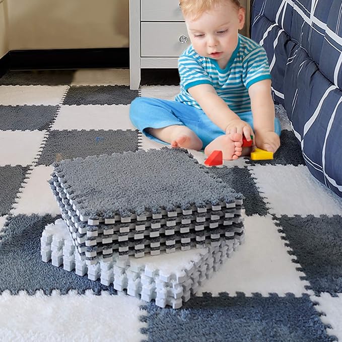 12 pcs Plush Puzzle Foam Floor Mat for Kids- Thick Interlocking Fluffy Tiles with Border Square Rug Split Joint Soft Climbing Carpet Mats Shaggy Area Rug for Room Floor(11.8'', White & Gray)