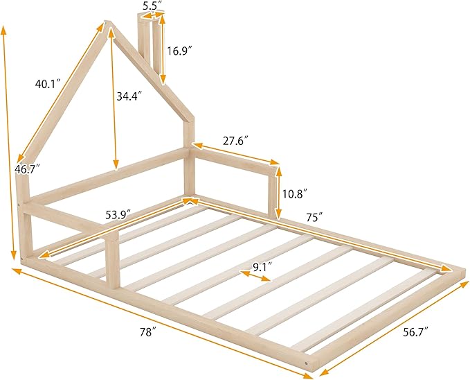 Harper & Bright Designs Full Size House Floor Bed, Montessori Floor Bed for Kids, Solid Wood Low Bed Frame for Bedroom, Playroom, Wooden Slats Support, Natural