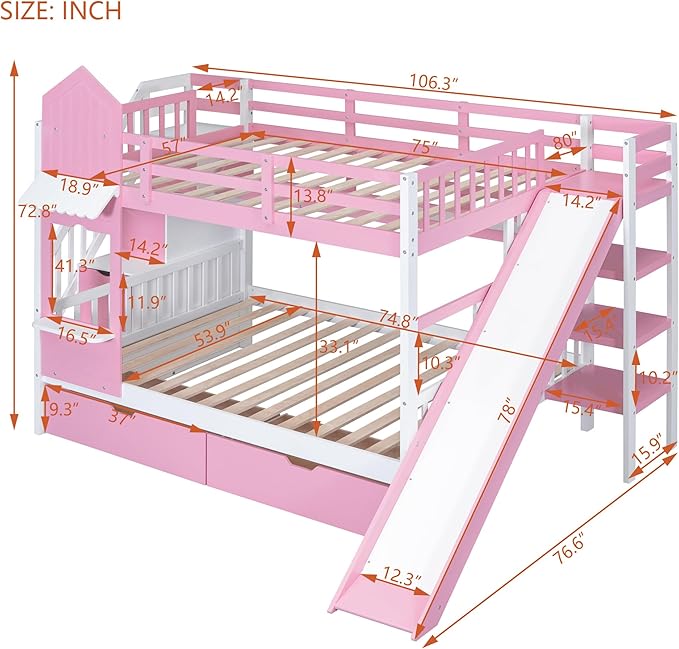Full-Over-Full Castle Style Bunk Bed with 2 Drawers and 3 Shelves, Wood Bunk Bed Frame with Slide and Storage Staircase for Kids Teens Boys Girls, Maximize Space Savings