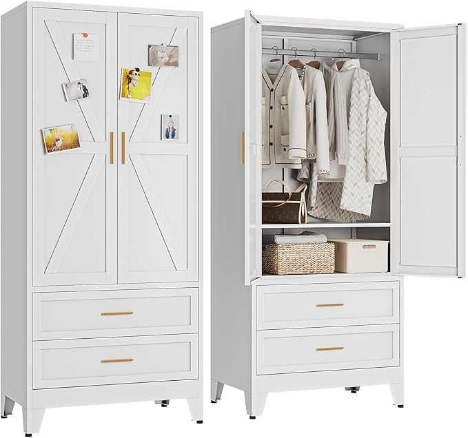 Metal Wardrobe Closet Cabinet with Drawers,71" H Large Bedroom Armoires with Shelves and Hanging Rod,Wardrobe Storage Cabinet with 2 Doors, 1 Adjustable Shelf and Drawers (2Drawer, White)