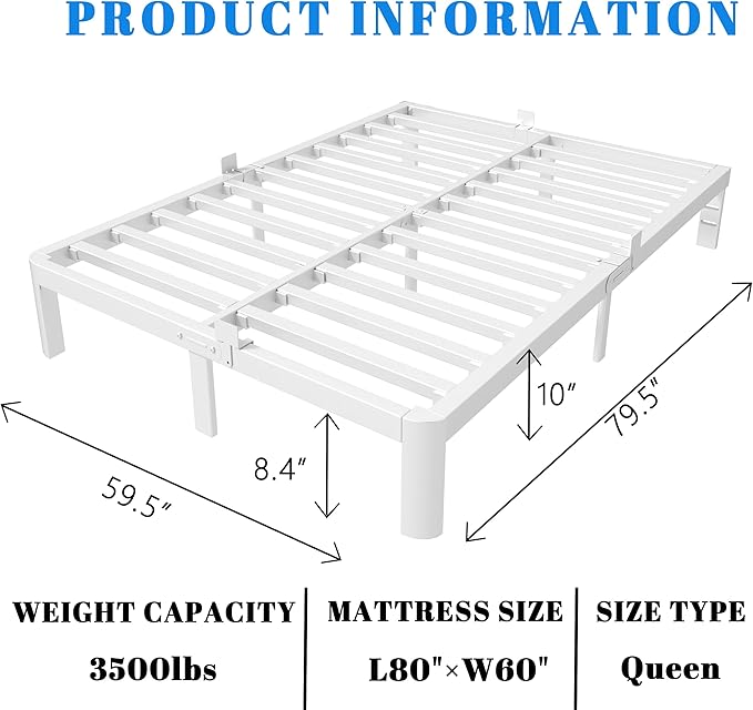 10 Inch Queen Bed Frame, White Bed Frame Queen Size with Metal Baffles, No Box Spring Needed, Heavy Duty Steel Platform Support, Rounded Corner Legs, Reserved Holes, Noise Free, Storage Space
