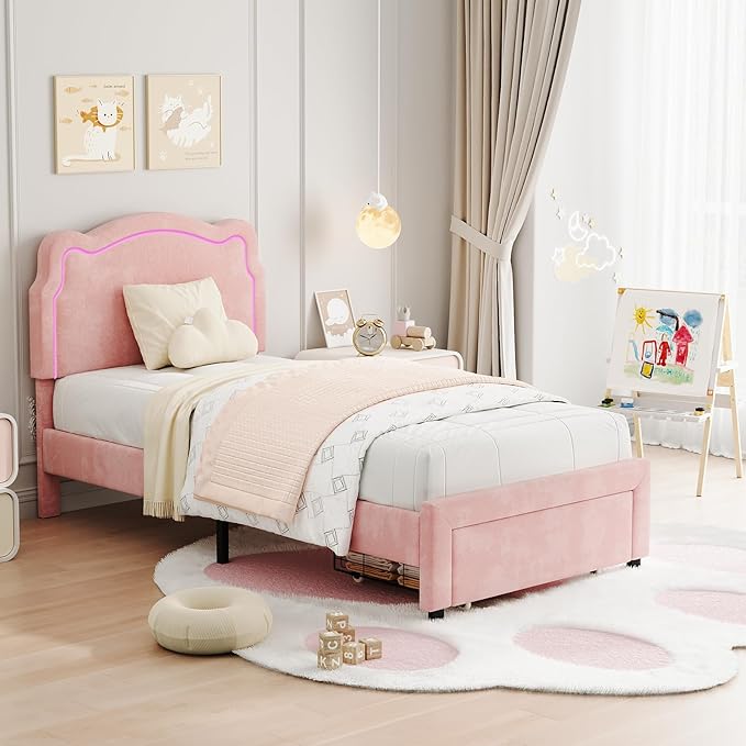 GarveeHome Twin Upholstered LED Bed Frame with Headboard, Velvet Princess Platform Bed Frame for Kids, Wooden Slats Support, No Box Spring Needed (Pink with Drawer, Twin)