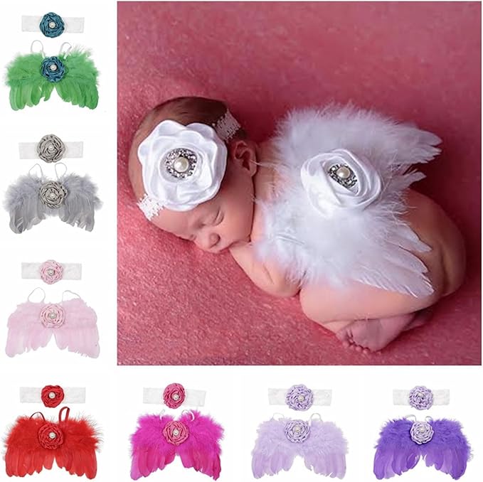 2Pcs Baby Photoshoots Angel Costume Wing Pearl Flower Headband Photo Posing Props Photography Suit Newborn Shower Gift Baby Angel Costume