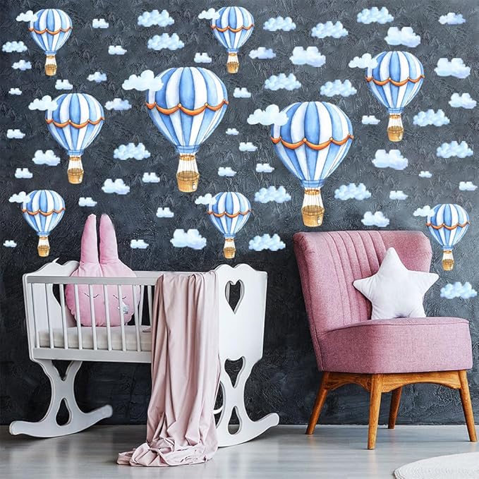 Large Hot Air Balloon Peel and Stick Removable Wall Decals - Blue Clouds Vinyl Stickers, Self-Adhesive Kids Room Art Murals Decor for Baby Nursery, Bedroom, Playroom Decoration