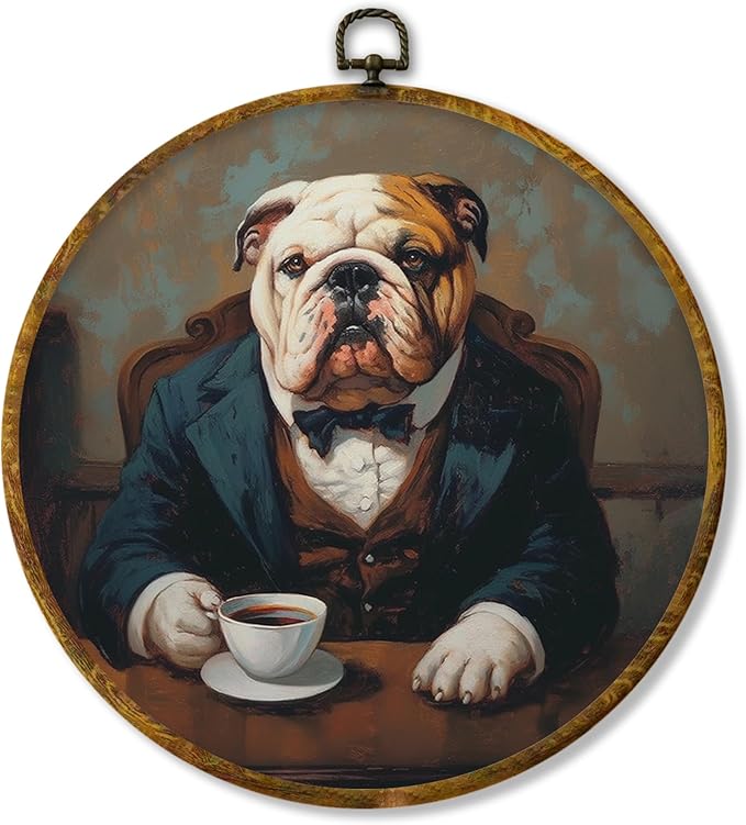 Hiuwevt Vintage Bulldog Coffee Round Wall Art Decor, Bulldog Gifts for Women Framed Canvas Prints, Funny Dog Coffee Round Wall Hanging Decor for Kitchen Home Bedroom Decorations, 10x10 Inches