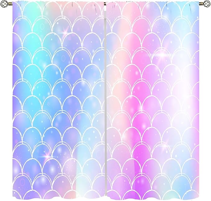 Mermaid Blackout Curtains, Kids Cartoon Blue and Pink Ocean Mermaid Scale Pattern Decoration for Girls Bedroom Nursery Curtains 42x44 Inch