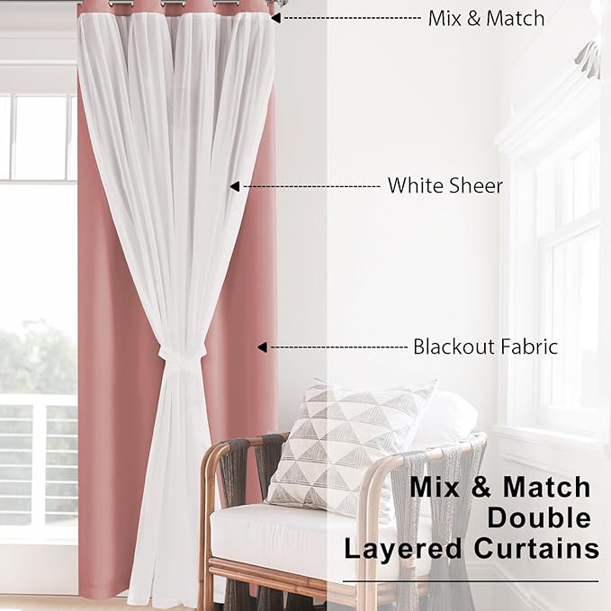 Hiasan Double Layer Blackout Curtains with Sheer Overlay, Extra Long Mix & Match Thermal Insulated Grommet Window Curtains for Bedroom, Living Room, 2 Panels with Tiebacks,Dusty Rose, 52W X 108L