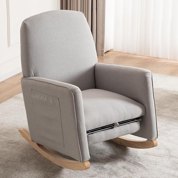FOXHUNTER Rocking Chair Nursery with Adjustable Footrest and High Backrest, Upholstered Glider Chairs with Side Pockets for Nursery, Rocker Armchair Indoor for Living Room,Light Gray