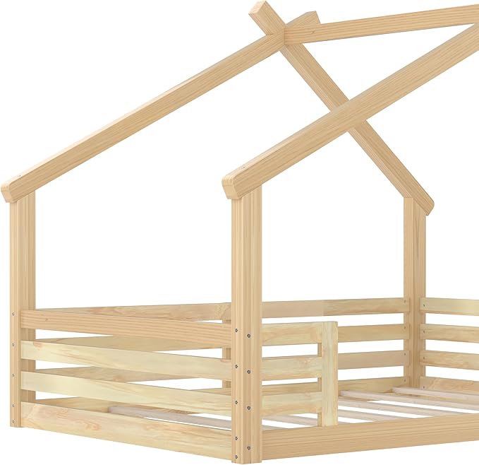 Polibi Full Size Floor Bed with House-Shaped Roof,Window and a Small Shelf, Solid Wood Low Profile Floor Bed for Kids, No Box Spring, Natural