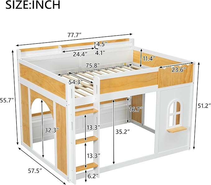 Full Over Full Bunk Bed with Storage Shelves and Window, Wood Bunk Bed Frame with 2 Doors for Kids Teens Adult Bedroom, No Spring Box Needed
