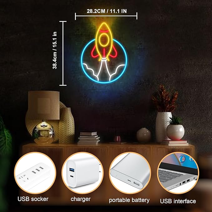 Rocket Neon Sign, LED Light Room Decor, USB Powered Light Up Space Element Universe Theme Decoration, for Bedroom Living Room Gaming Room Man Cave Home Party Birthday Gift for Teen Boys