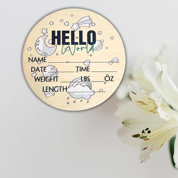 Hello World Newborn Sign 6" - Baby Announcement Sign for Hospital - Welcome Baby Sign - Announcement Board for New Baby - Birth Announcement Sign - Newborn Name Sign - Perfect for Baby Arrival (space 1)