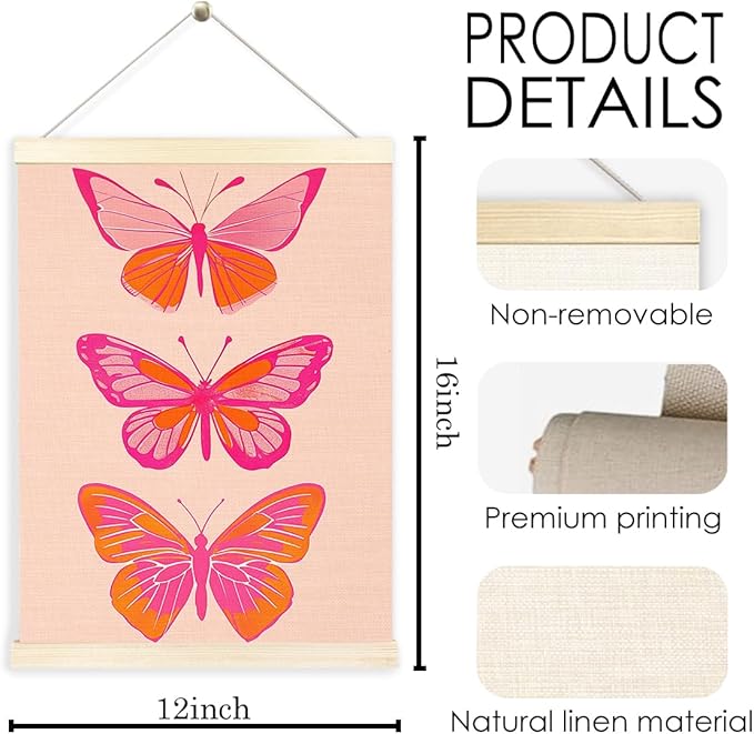 BESERH Funky Y2K Pink and Orange Butterfly Poster Hanger Frame, Preppy Room Dorm Decor, Trendy Retro Pink Butterfly Hanging Posters Wall Decor for Girls Room Girly Bedroom Apartment, 12x16 Inches