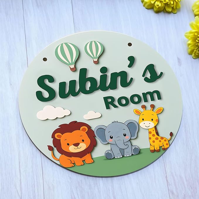 Custom Jungle Animal Room Sign – Personalized Nursery Door Plaque with Lion, Elephant, Giraffe, Nursery Wall Decor for Boys or Girls, Wooden Name Sign