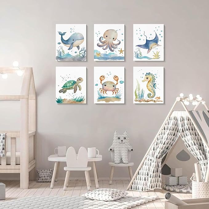 Wodkwq Nursery Wall Art Sea Animal Canvas Prints Baby Girl Boy Room Decor Watercolor Paintings Pictures Cute Ocean Theme Toddler Room Decoration Set of 6 for Kids Bedroom Bathroom 12x16in Unframed