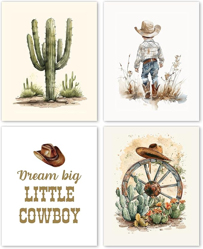 Hxlac Western Cowboy Nursery Wall Art Prints Set of 4 UNFRAMED - Western Wall Decor for Toddler Baby Boy Room, Cowboy Nursery Decor Pictures Wall Decor (8x10 Inches)