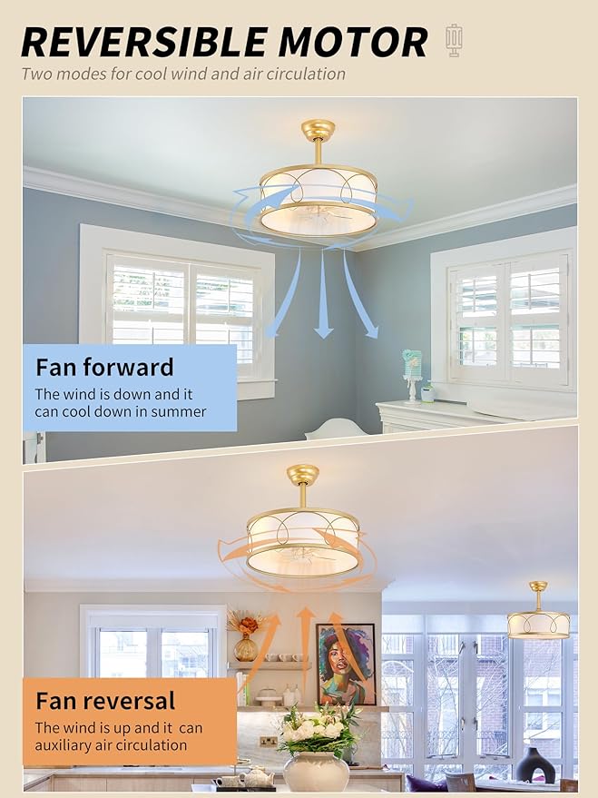 20" Gold Fandelier Ceiling Fan with Light, Fabric Boho Chandelier Ceiling Fans with Lights Remote Control, Mid-Century Modern Caged with 6 Speeds for Bedroom, Nursery (FS-BG01)