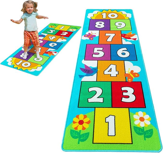 Hop & Count Hopscotch Rug for Kids, Floor Play Area Rug Game Carpet Crawl Jump Mat, Skid-Proof Backing, Great Gift for Boys Girls, Room Decor, Classic Hopscotch Rug for Preschool Playroom