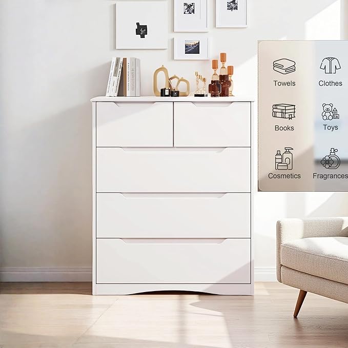 Gizoon 5 Drawers Chest, White Dresser for Bedroom with Large Storage Capacity, Chest of Drawers with Embedded Handle, Deep-Drawer Dresser for Closet with Anti-Tip Kit，for Hallway, Office, Living Room