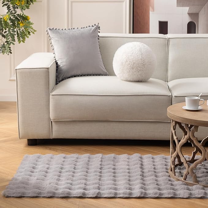 Ashler Faux Rabbit Fur Area Rug, Light Grey 4x6 FT Fluffy Soft, 3D Bubble Rectangle Fuzzy Carpet for Living Room, Bedroom, Machine Washable Shaggy Nursery Rug