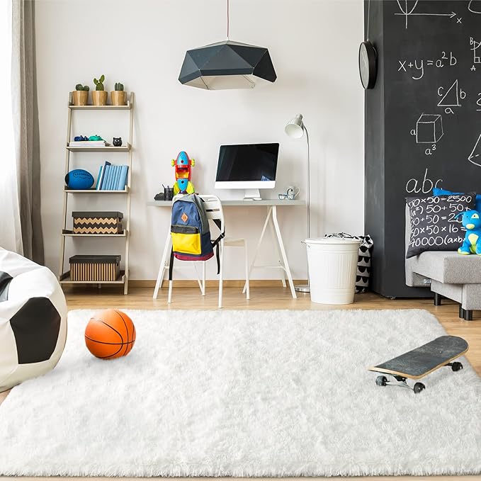 Merelax Modern Soft Fluffy Large Shaggy Rug for Bedroom Livingroom Dorm Kids Room Indoor Home Decorative, Non-Slip Plush Furry Fur Area Rugs Comfy Nursery Accent Floor Carpet 4'x6' Ivory
