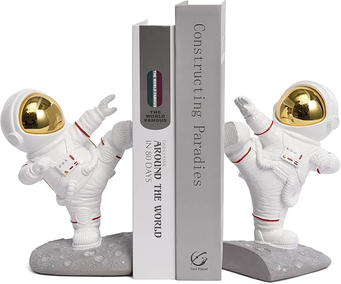Book Ends for Shelves Decorative, Upgraded Astronaut Bookshelf Stopper Resin Book Shelf End Holders Heavy Duty Bookends for Kids Gifts Cute Spaceman Book Ends for Space Decor(F2-Gold)