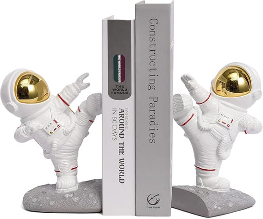 Book Ends for Shelves Decorative, Upgraded Astronaut Bookshelf Stopper Resin Book Shelf End Holders Heavy Duty Bookends for Kids Gifts Cute Spaceman Book Ends for Space Decor(F2-Gold)