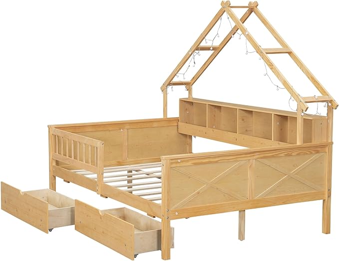 Merax Full Size House Platform Bed with Storage Drawers, Full Toddler Bed with LED Light and Guardrail, Sturdy Wood Frame Support, House Platform Bed with Roof Design for Kids, No Box Spring,Natural