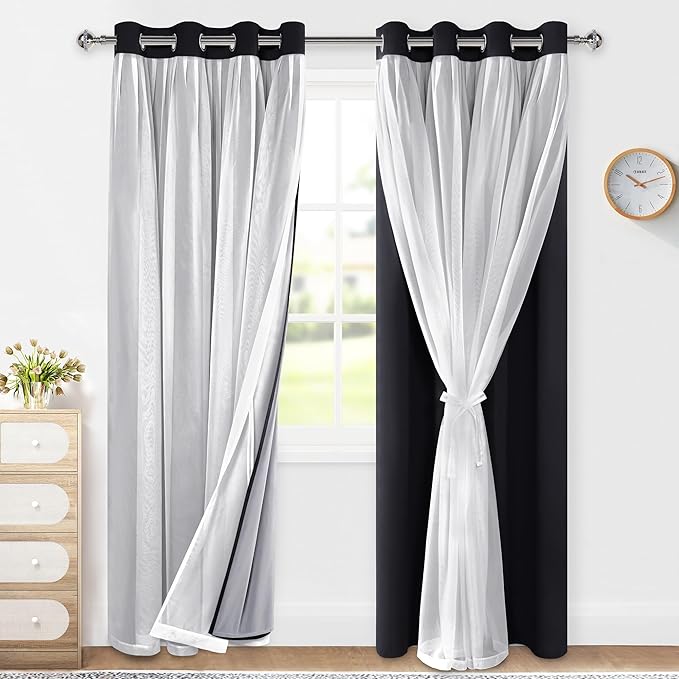 XWZO 100% Blackout Double Layer Curtains, Blackout Curtains with Sheer Overlay for Living Room, Bedroom, Grommet Thermal Insulated Privacy Curtains with Tiebacks, 2 Panels, 52x84, Black