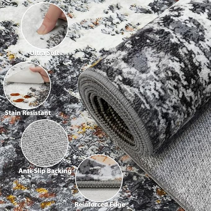 8x10 Area Rug for Living Room Bedroom: Large Washable Rug with Anti-Slip Backing Non-Shedding Stain-Resistant Soft Abstract Carpet for Dining Room Nursery Home Office (Gray/Multi)