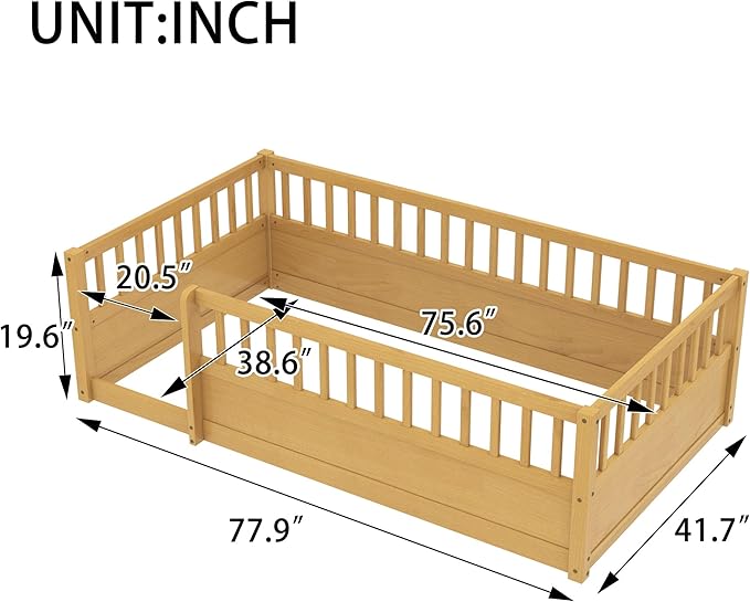 Bellemave Kids Montessori Floor Bed,Twin Size Floor Bed with High Fence and Door,Twin Bed Frame with Guardrails for Kids,Girls,Boys,Twin,Natural