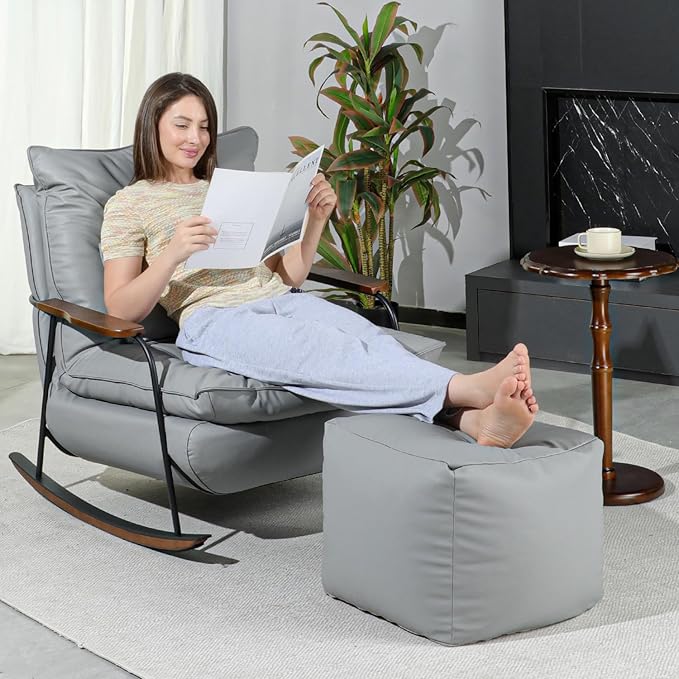 ZYZ Rocking Chair with Ottoman and Pillow, Mid-Century Modern Recliner, Reclining Nursery Rocker, Wood Armchair, 25° Rocking Motion, Lazy Sofa for Living Room Bedroom Balcony, PU Leather (Creamy Grey)