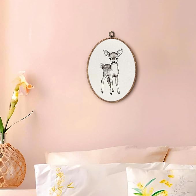 Vintage Deer Oval Wall Art Framed, Cottagecore Deer Oval Wall Decor, Retro Animal Farmhouse Hanging Canvas Prints Wall Sculptures for Home Nursery Bedroom Decor, 8.5x11.5 Inch