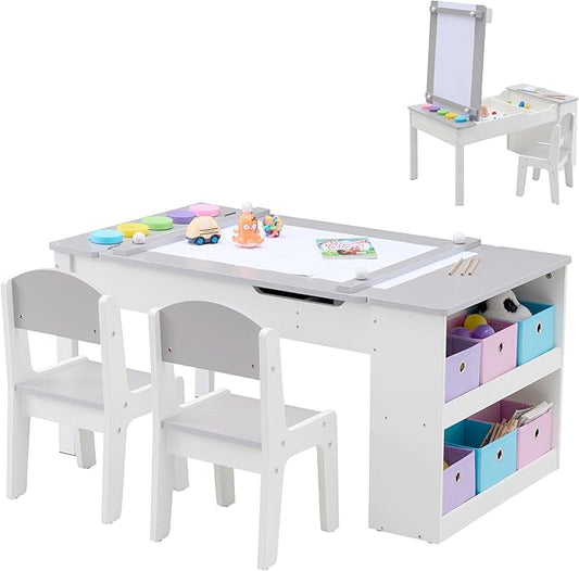 Kids Art Table and Art Easel Table & 2 Chair Set, 2 in 1 Toddler Craft and Play Wood Activity Table with Storage Bins and Paper Roll (Grey & White)