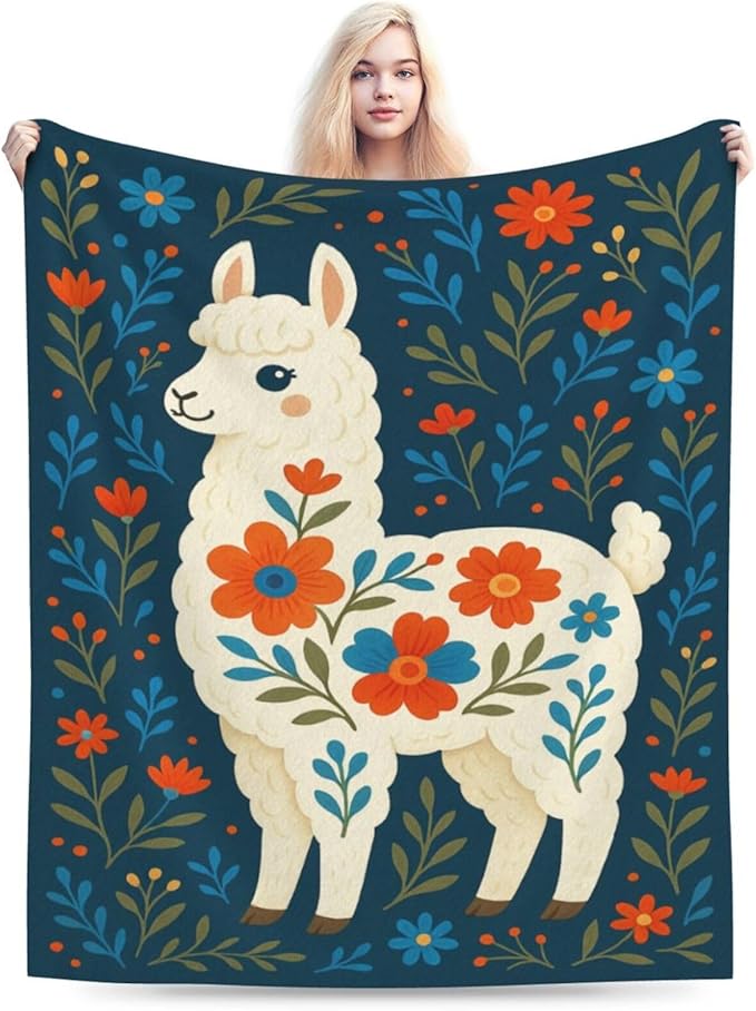 Alpaca Blanket Floral Boho Alpaca Llama Throw Blanket Soft Cozy Fleece Fuzzy Plush Warm Stuff Bedding Nursery Toddler Mexican Blankets Gifts for Boys Girls Kids Adult Men Women 50"X60"