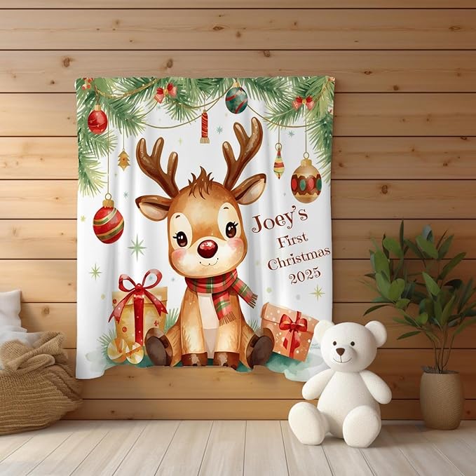 Personalized Baby's First Christmas Blanket, Custom Reindeer Baby Name Christmas Blanket, Soft Fleece Or Sherpa Throw, Baby Shower, Made in USA