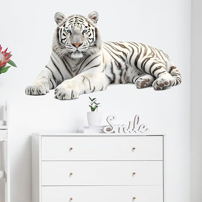 Lifelike Lying White Tiger Wall Decal Nursery Animal Wall Sticker Removable Peel and Stick Wall Art Decor for Kid Baby Classroom Preschool Living Room Playroom Bedroom School