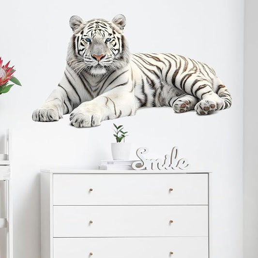 Lifelike Lying White Tiger Wall Decal Nursery Animal Wall Sticker Removable Peel and Stick Wall Art Decor for Kid Baby Classroom Preschool Living Room Playroom Bedroom School