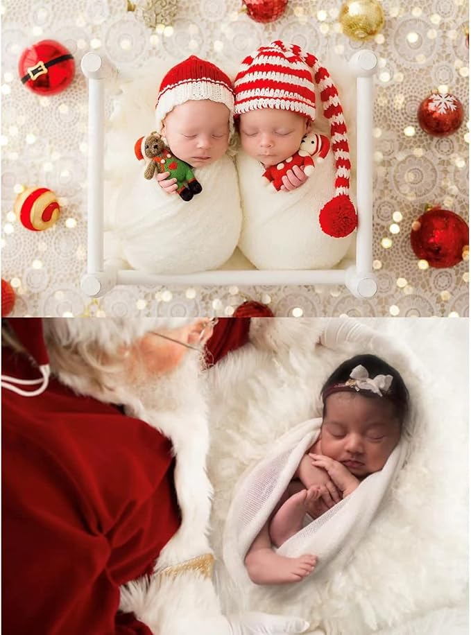 Christmas Newborn Photography Props Swaddle Snow White Wraps with Santa Hats for Baby Boys Girls Photo Props Shoot