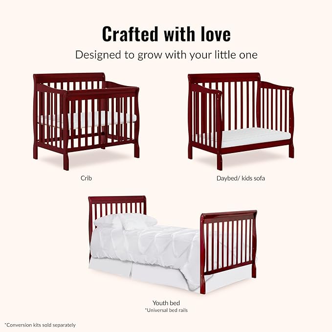 Dream On Me Aden 4-in-1 Convertible Mini Baby Crib in Cherry, GreenGuard Gold & JPMA, Sustainable Pinewood, Non-Toxic Finish, 3 Mattress Heights, Converts to Mini Day & Twin-Size Bed