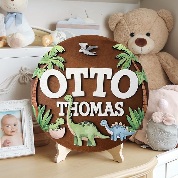 Personalized Baby Name Signs for Nursery, Dinosaur T-rex Sign for Baby Door Decor, Newborn Gifts for Boy, Boys Nursery Wall Bedroom Decorations, Mother's Day Gifts for New Mom Dad Gift