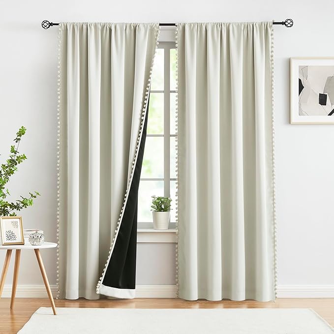 Treatmentex Full Blackout Curtains for Bedroom Natural Ivory Pom-Pom Thermal Insulated Window Drapes 63inch Length Curtain Panels for Kids Guest Room Hotel 52" Wx 2pcs Beige Rod Pocket