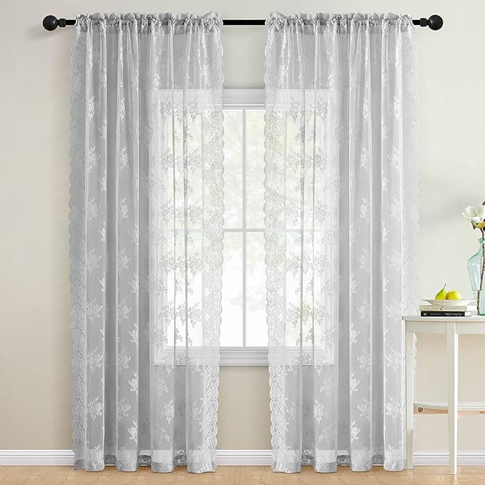 Kotile Grey Lace Curtains 54 Inch Length - Country Rustic Floral Knitted Sheer Curtains for Small Windows, Scalloped Edge Privacy Vintage Lace Curtain Panels, 52 x 54 Inch, 2 Pieces, Grey